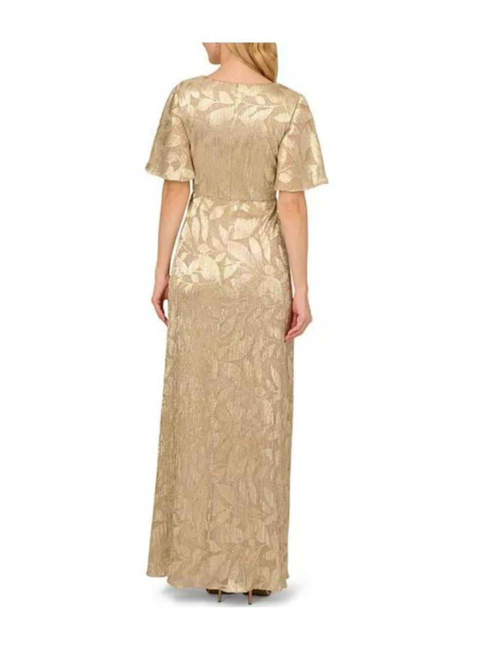 Adrianna Papell Champagne Gold Foil Leaf V-Neck Surplice Draped Gown, Size 20W - Picture 3 of 14